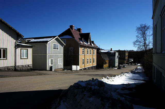 Stabblggargatan down to the former industrial building of Kockums in Söderhamn. 